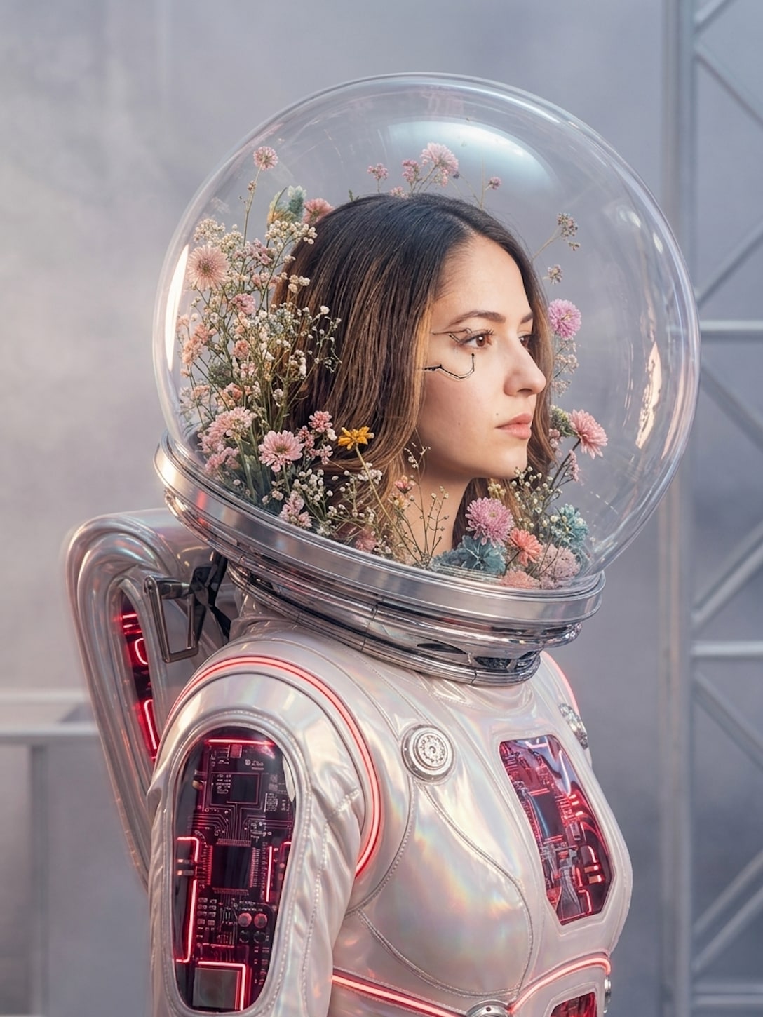 Vanessa in einem futuristischen Helm mit floralen Details